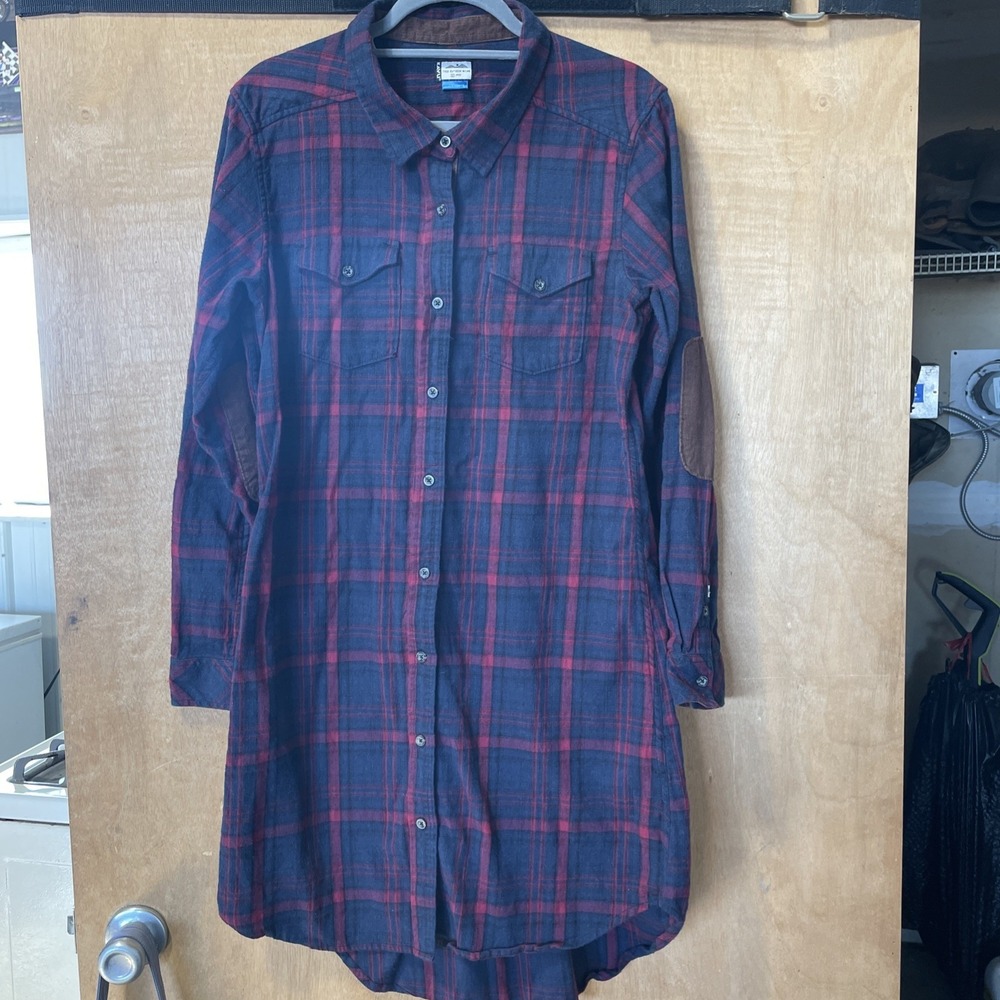 Kavu Flannel Shirt Dress with Elbow Patched Size Large Blue/Wine Plaid Button Up